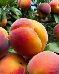 ripe peach, fresh peach, juicy peach, vibrant fruit, peach with leaves, peach closeup, summer fruit, organic peach, sweet peach, peach texture, juicy texture, fresh produce, garden peach, natural frui