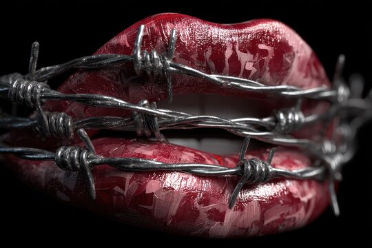 A 3D illustration symbolizing censorship and the suppression of free speech depicted as a tongue bound in barbed wire