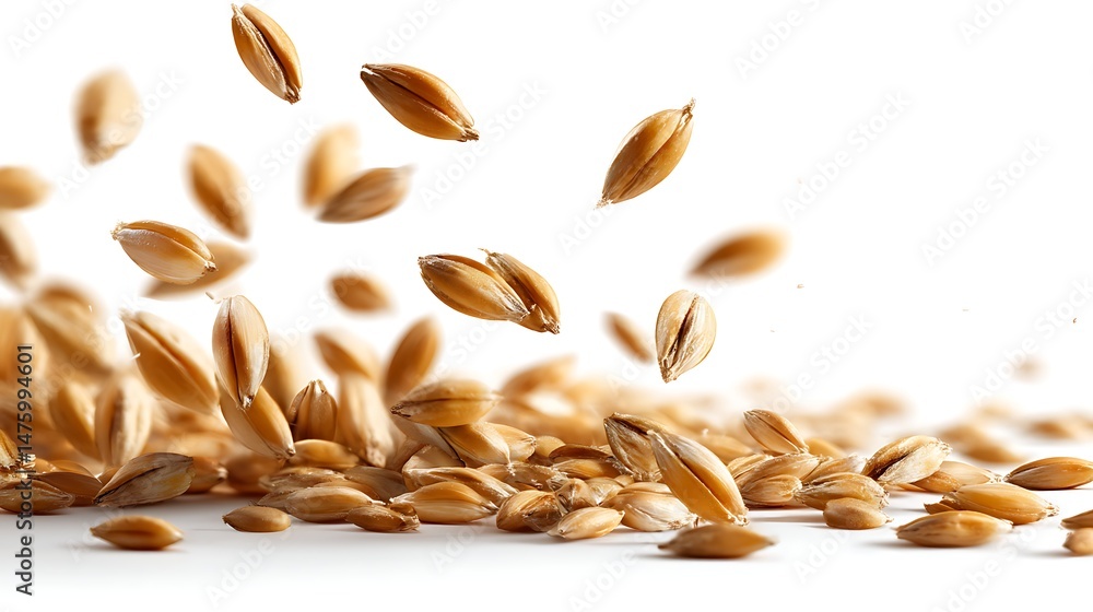 Poster close up of falling wheat grains on a white background with a clipping trail