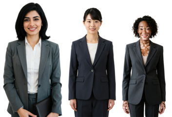 Three diverse adult women in professional business suits standing confidently against a transparent background, representing corporate diversity and empowerment.