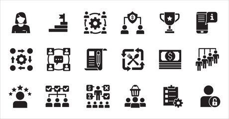Business company, management flat icon set. Contains symbol of businessman, target, finance, lunchtime, success, hierarchy, data, work, money, employee, task, shop, meeting, job. Vector illustration