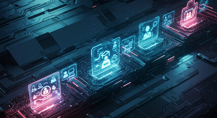 Abstract digital interface on a dark futuristic surface, showcasing interconnected profiles and data management in a high-tech environment.