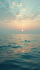 Fototapeta premium Tranquil Seascape at Sunset: Calm Ocean Waters Reflecting Golden Light Under a Pastel Sky
