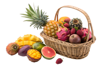 Assortment of exotic fresh fruits displayed in a wicker basket isolated on black background