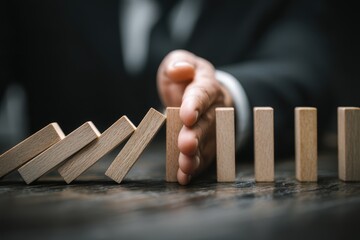 A businessman blocks a falling rectangle to prevent dominos from toppling illustrating risk assessment and crisis management