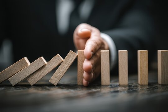A businessman blocks a falling rectangle to prevent dominos from toppling illustrating risk assessment and crisis management