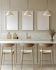 Minimalist Modern Kitchen Interior with Three Wooden Bar Stools and Empty Frames
