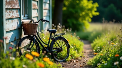 Fototapeta premium Serene bicycle with wicker basket leans against rustic weathered building, wildflowers blooming along a sunlit path