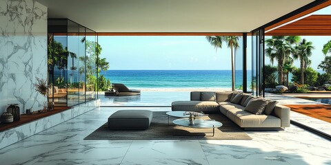 Fototapeta premium Spacious modern coastal living area with ocean views.