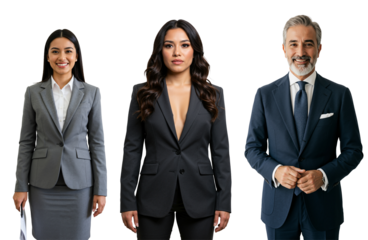 Three diverse business professionals, including a young adult Asian woman, a young adult Hispanic woman, and a middle-aged Caucasian man, standing in suits against a transparent background.