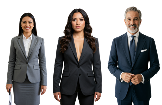 Three diverse business professionals, including a young adult Asian woman, a young adult Hispanic woman, and a middle-aged Caucasian man, standing in suits against a transparent background. - Powered by Adobe