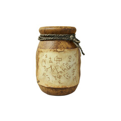 Ancient Clay Jar with Mysterious Symbols and Aged Parchment Label