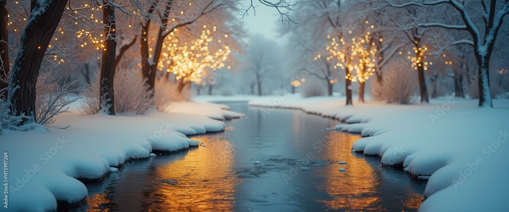 Poster serene winter scene: snow-covered trees adorned with warm lights reflected in icy stream at dusk