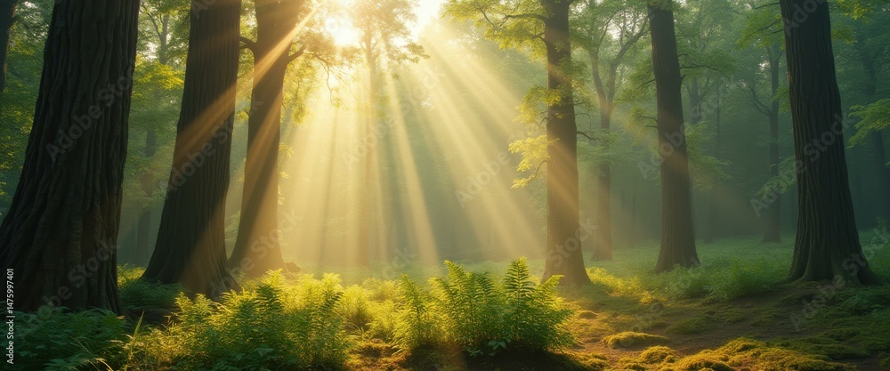 Poster sunbeams filtering through a dense forest canopy illuminating lush ferns and moss-covered ground