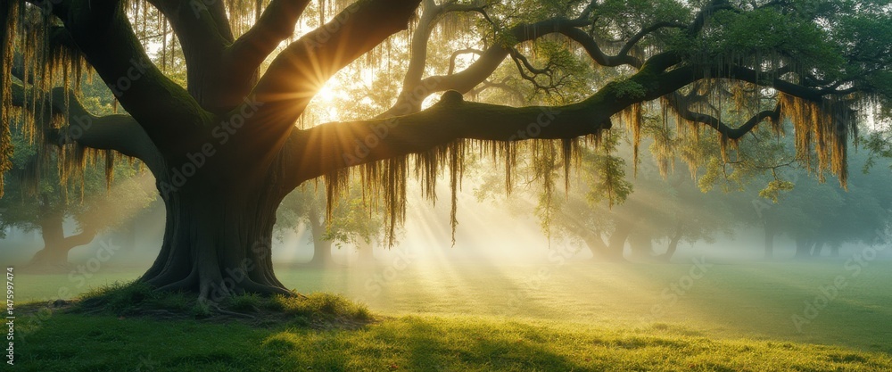 Poster sunlight filtering through an old tree with spanish moss, creating a magical, sun-drenched meadow sc