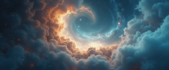 Dramatic spiral celestial sky with glowing clouds and stars background.
