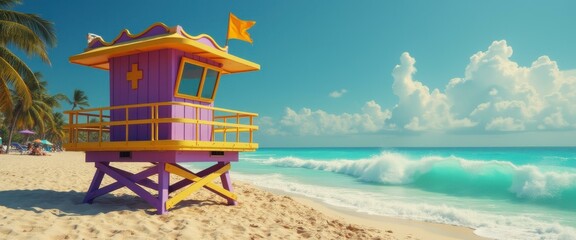 Vivid lifeguard tower on a sunny coast with turquoise waves and palm trees offers safety and tropical charm for seaside destinations.