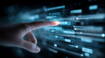 Close Up of Finger Touching Glowing Digital Interface with Data