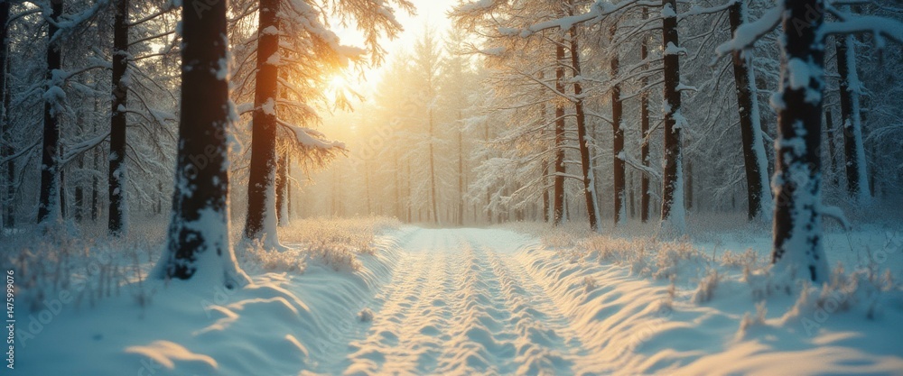 Poster winter forest path: sunlight filtering through snow-covered trees and a clear trail