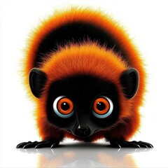 Obraz premium Red-ruffed lemur on a white background, fluffy fur, big eyes, cartoon style