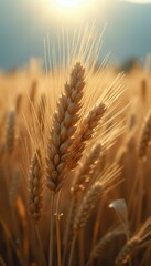 Golden wheat field at sunset, close-up of ripe ears of grain, warm light illuminating the agricultural landscape
