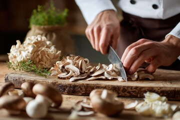 A cook cutting fresh mushrooms on a wooden surface to prep for a dish
