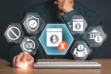 Businessman with digital icons representing anti money laundering, security, and finance on a...