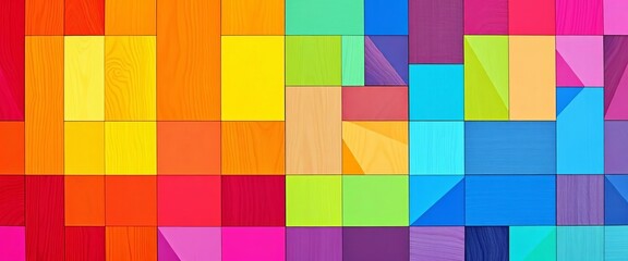 Geometric rainbow cubes textured wood wall background , decor, colors