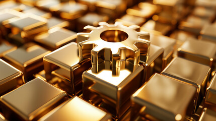 Fototapeta premium Shiny metallic gear standing out among gold reflective square blocks in abstract setting