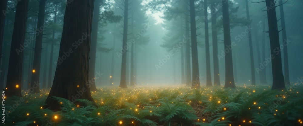 Aufkleber ethereal forest scene with tall trees, mist, ferns and glowing lights creating a magical atmosphere