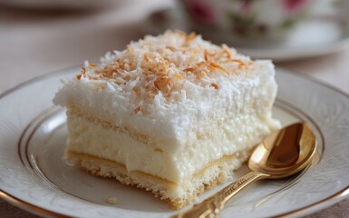 A detailed view of the traditional Brazilian dessert Pavê featuring coconut and white cream