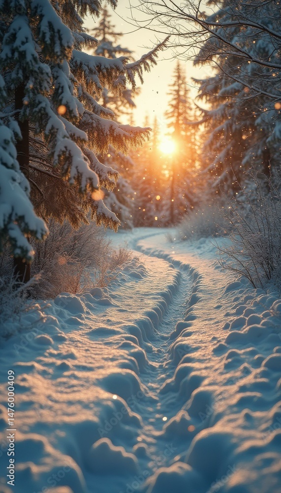 Aufkleber winter wonderland scene of a snow-covered path through a forest with sunlit trees