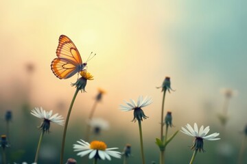 Serene Sunrise A delicate orange butterfly gently rests on a vibrant daisy, surrounded by a field of blossoming wildflowers bathed in the soft glow of the morning light.