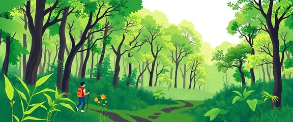 Flat linear vector illustration of a figure exploring a lush green forest with ample empty space, landscape, blank