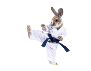 Brown Rabbit in Karate Gi Executing a High Kick