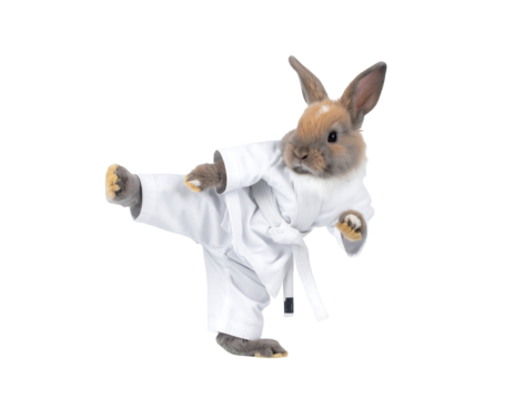 Brown Rabbit in White Karate Gi Performing a High Kick