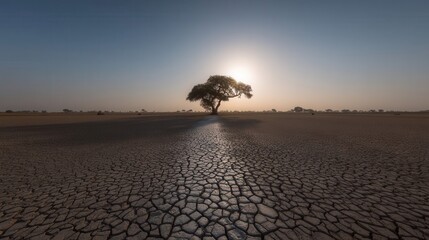 Solitary tree stands tall in cracked, arid landscape.