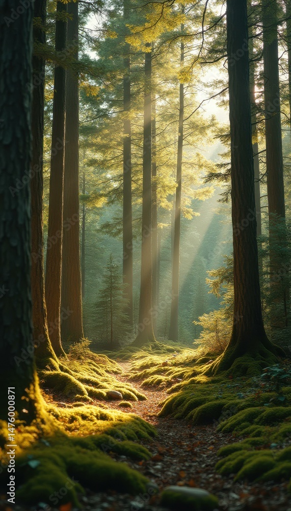 Poster sunlight illuminating mossy forest floor with towering trees and a winding path