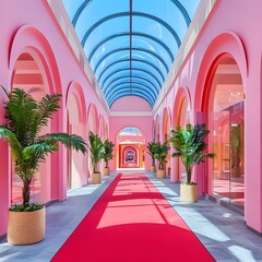 Fototapeta premium Pink Arcade Corridor with Red Carpet and Tropical Plants