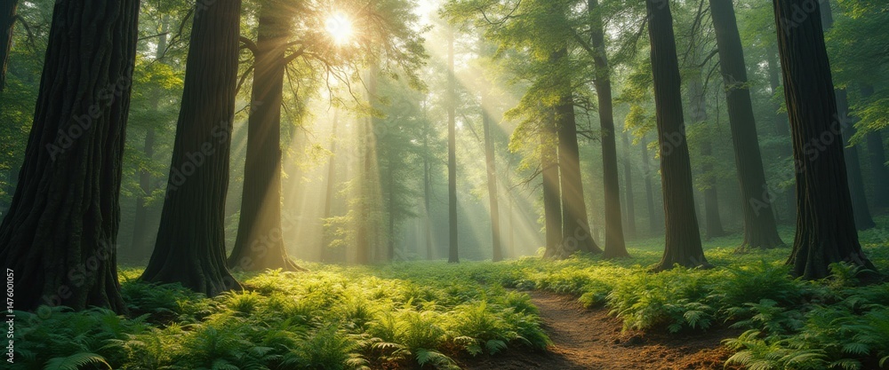 Aufkleber Sunlight streams through a dense forest of tall trees, illuminating lush green ferns and a winding path, creating a serene and enc