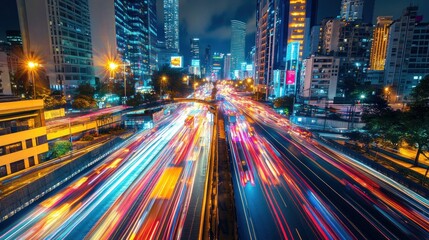 Fototapeta premium Night cityscape, vibrant traffic streaks illuminate city streets, high-rise buildings