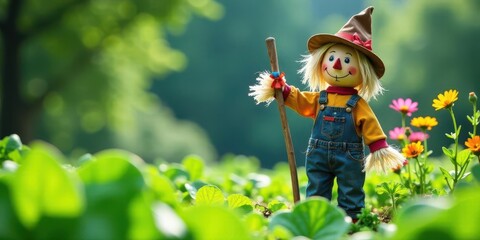 A cheerful scarecrow stands amidst vibrant foliage, holding a wooden staff, a charming guardian of a flourishing garden