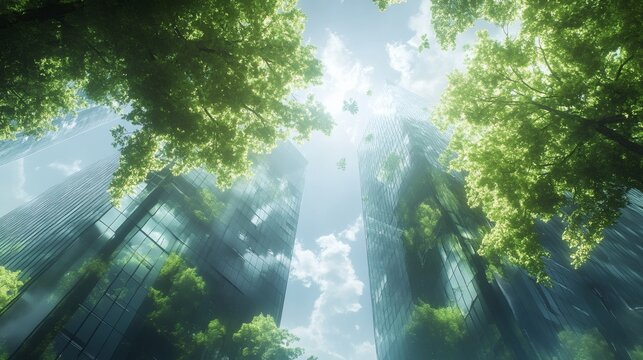 Modern office facade with tree reflections exemplifying Environmental, Social, and Governance (ESG) commitment in corporate sustainability
