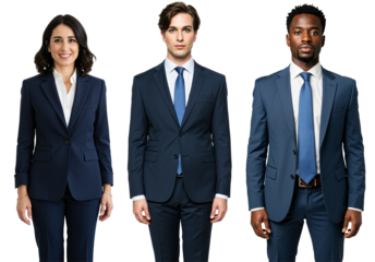 Three diverse business professionals, including a woman and two men in their 20s to 40s, standing in navy blue suits against a black studio background.