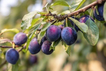 Fresh Plums on Branch Surrounded by Green Leaves in Sunny Orchard Highlighting Ripe Fruits and Natural Beauty of Summer Harvest Season