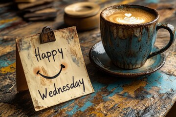 A note wishes a happy Wednesday with a coffee
