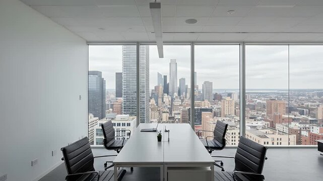 Empty Modern Office Meeting Room with City Skyline View