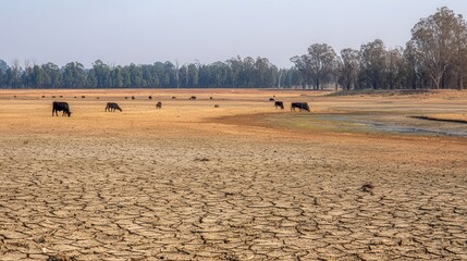 Obraz premium Dry, cracked earth landscape with grazing cattle.
