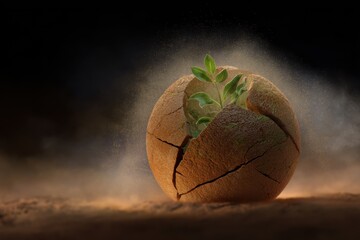 Small Green Sprout Emerging from Cracked Earth Center with Dust