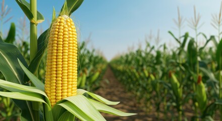 Obraz premium Golden Corn on the Cob Standing Tall in a Lush Green Cornfield Under a Clear Blue Sky